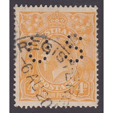 Australian    King George V    4d Orange   Single Crown WMK  Perf O.S. Plate Variety 2L4